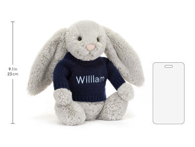 Bashful Silver Bunny with Personalised Navy Jumper