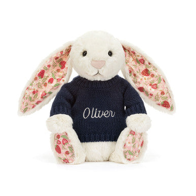 Blossom Cream Bunny 'Berry' with Personalised Navy Jumper